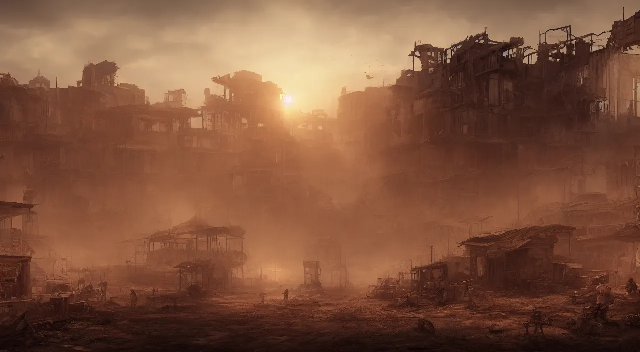 Prompt: A rundown wild west town, during 1800s, broken down and rusted carriages, semi-apocalyptic looking, dusty clouds in the sky, sun setting in the background, hyperdetailed, artstation, cgsociety, 8k