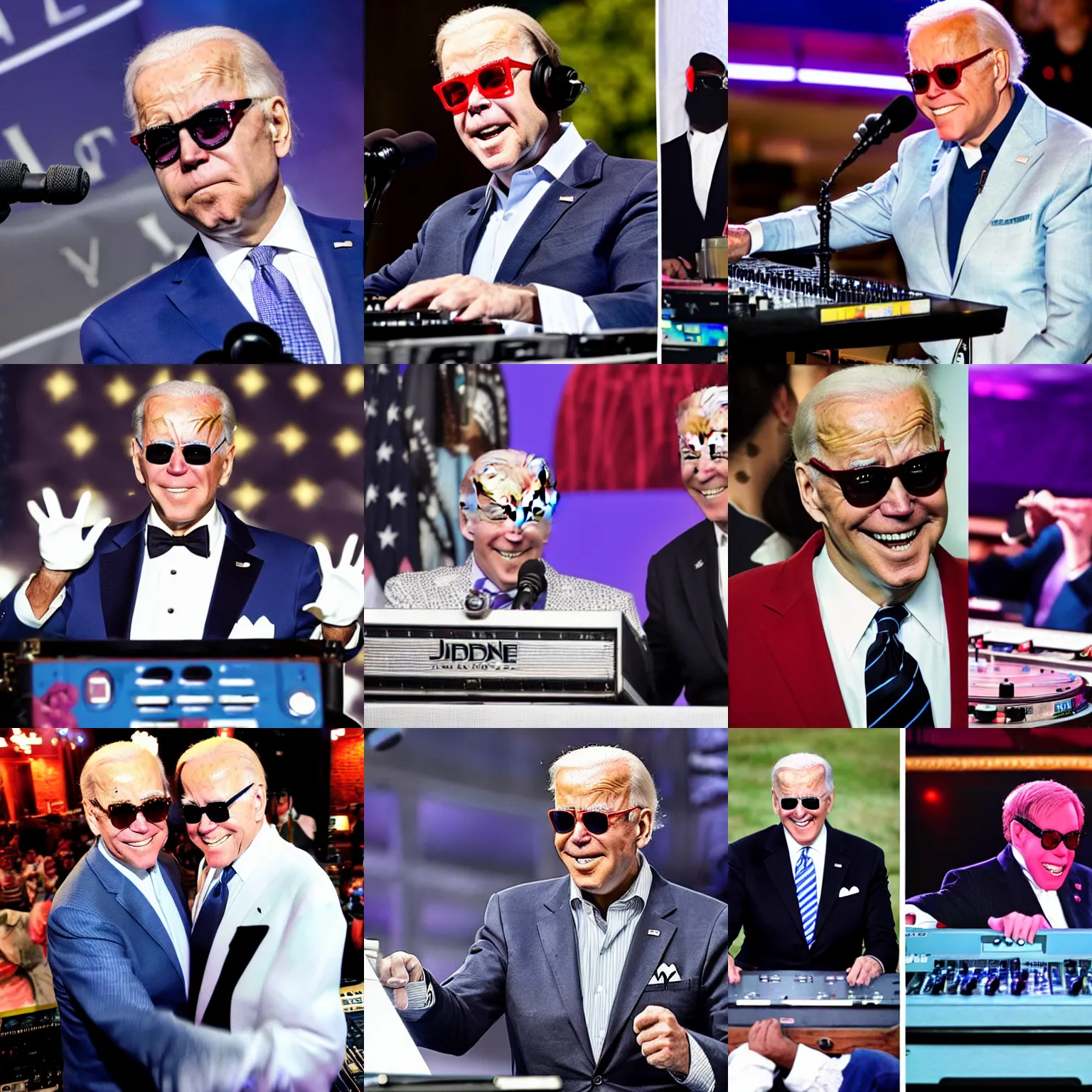 Prompt: Biden with Elton John glasses DJing with turntables, photoreal