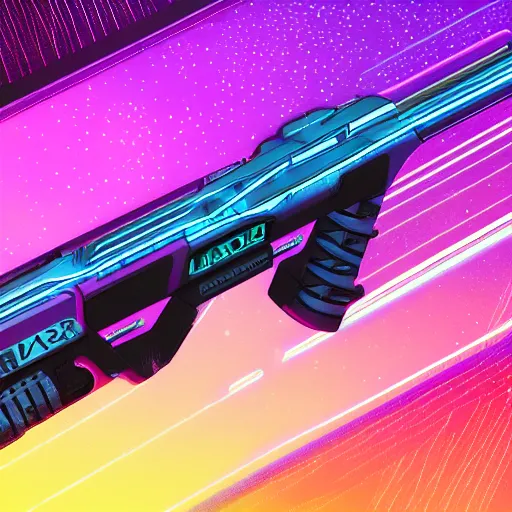 Prompt: laser pulse rifle, future outlined by whirling illuminated neon lines, outrun, vaporware, shaded flat illustration, digital art, trending on artstation, highly detailed, fine detail, intricate