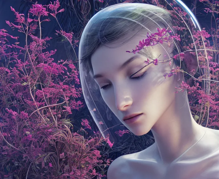 Image similar to simplicity, transparent clear see - through image of simple robots, lush botany, floral environment, ultra realistic, concept art, minimalism, photorealistic, octane render, 8 k, unreal engine. art by gustave dore and nori inoguchi and sam kaplan and zachary goulko and christopher marley and artgerm and alphonse mucha