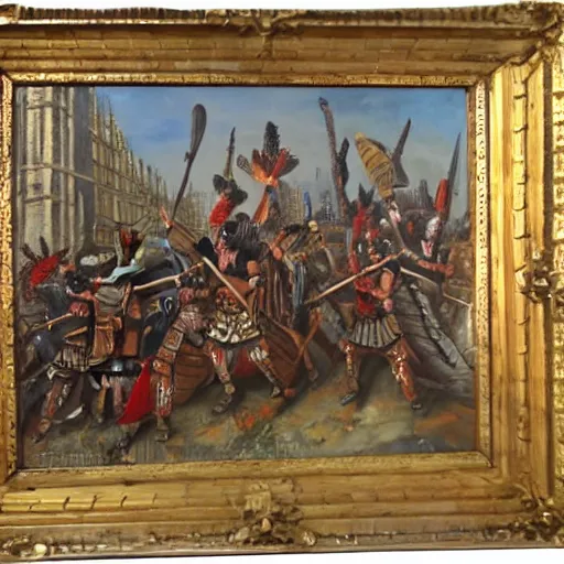 Prompt: oil painting of aztec warriors sacking london