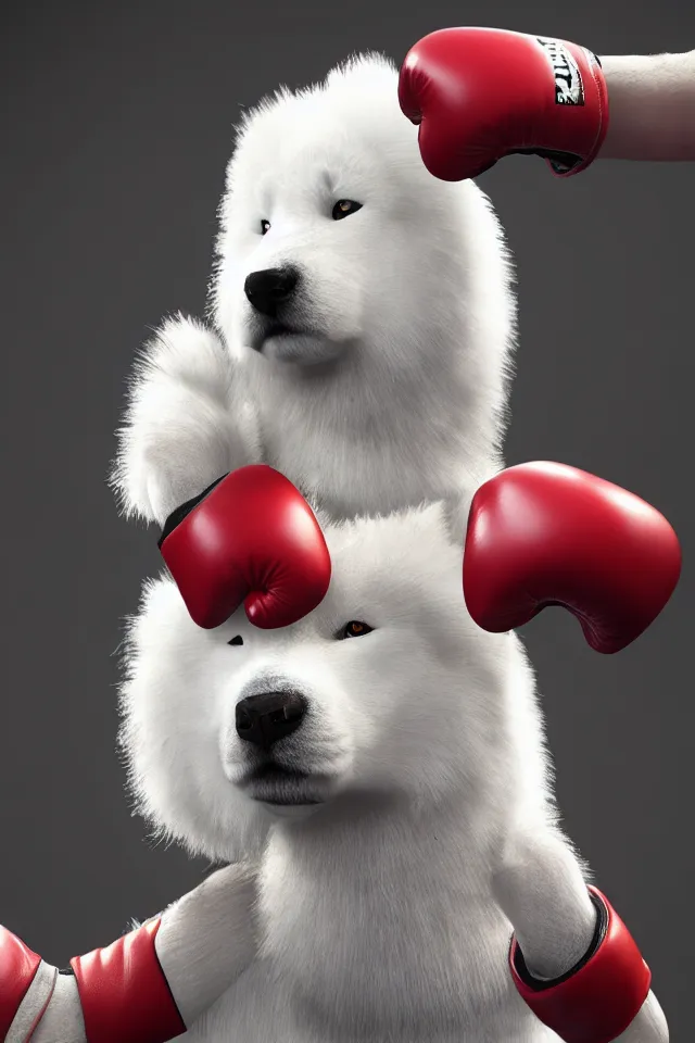 Prompt: samoyed dog head on a human body as a muay thai kickboxer, gloves on hands, Rajadamnern Stadium, world championship fight, photorealistic, cinematic lighting, 4k