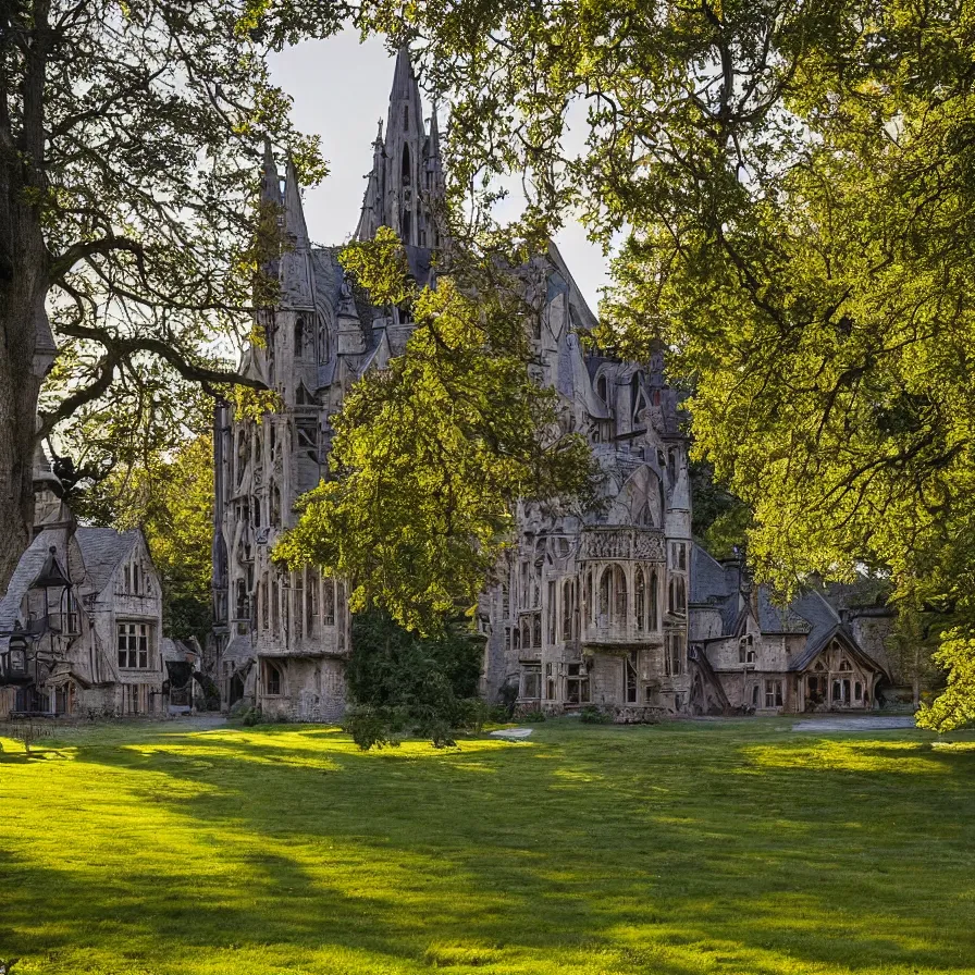 Prompt: a Tudor style village in the shadows of an enormous Gothic Revival architecture castle in a lovely meadow at dusk