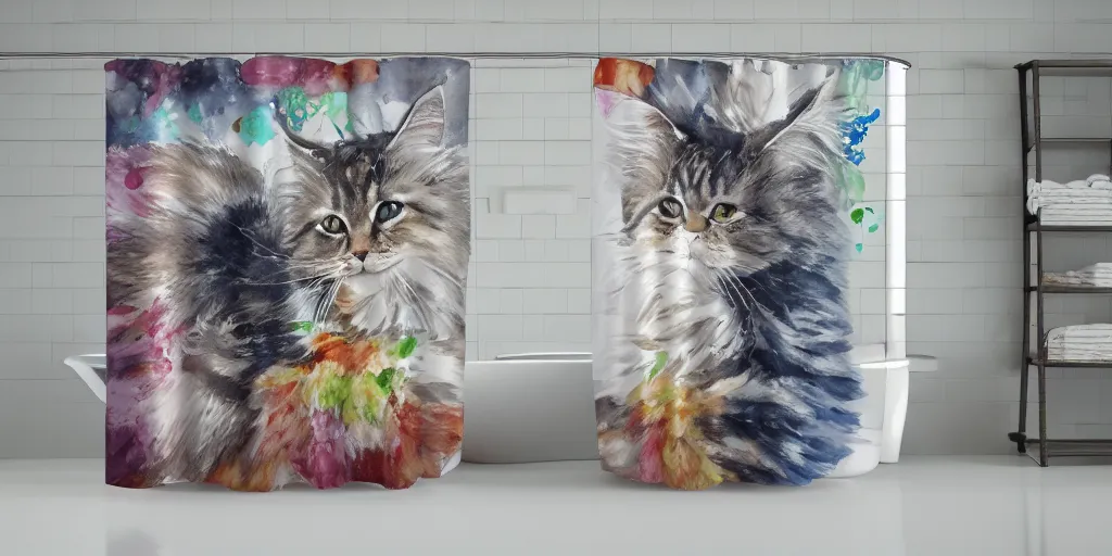 Image similar to shower curtain product catalog. on the curtain is a watercolor with ink under drawing of a cat toy being chased by a maine coon kitten. wide - angle product photography, product lighting. 4 k, highly detailed. saturated.