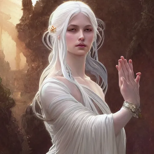 Image similar to goddess, white hair, long hair, hands spread out in prayer, intricate, elegant, ethereal, highly detailed, digital painting, artstation, concept art, smooth, sharp focus, illustration, art by artgerm and greg rutkowski and alphonse mucha