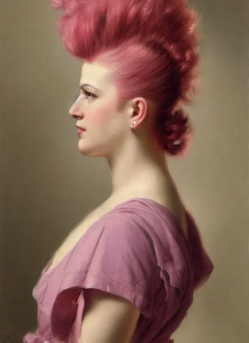 Image similar to a detailed portrait of woman with a mohawk by edouard bisson, year 1 9 4 0, pink hair, punk rock, oil painting, muted colours, soft lighting