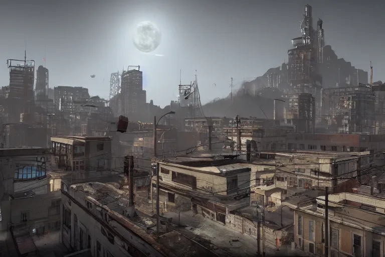 Prompt: Beta City 17 on half-life 2 beta with citadel building , rendered in octane, CryEngine, hype realistic, digital art, Artstation, Lovecraftian