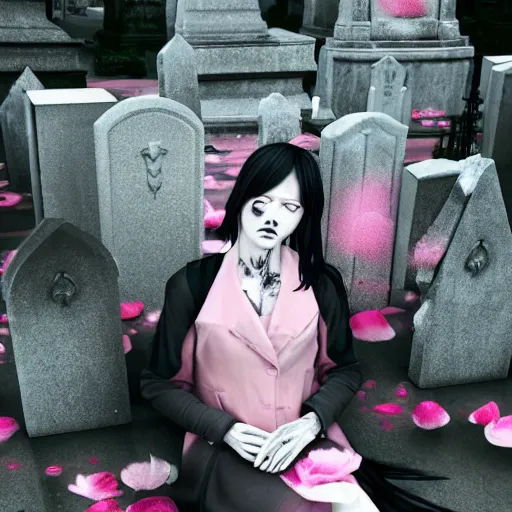 Image similar to cloudy cemetary with pink petals on the floor, goth woman sitting down, intricate details, complementary lighting, detailed face, backlighting, octane render, raytraced, depth of field, beautiful face, extremely detailed, trending in artstation, focus on face, sharp focus, radiant light, beautiful composition, yihao ren, zochi, zero - hour, jean paul fiction