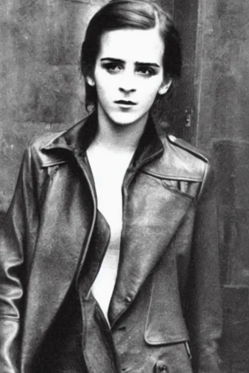 Image similar to photograph of soviet commissar, comrade emma watson, standing in a long leather coat, vintage revolution photograph, famous photo from kgb archives