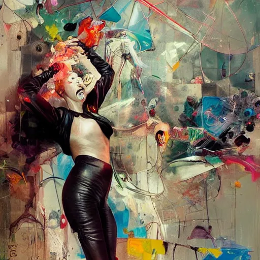 Image similar to grinning woman in a vr headset wearing leather outfit, dynamic energic pose, cyberpunk in the style of adrian ghenie, esao andrews, jenny saville, surrealism, dark art by james jean, takato yamamoto