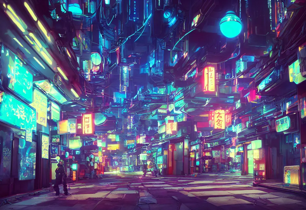 Prompt: a futuristic cyberpunk japanese izayaka alley with neon lights and lanterns, soft glow, intricate, cybernetic, trending on artstation, octane render, unreal engine, colorful, by chris foss, rodger dean, rossdraws and makoto shinkai