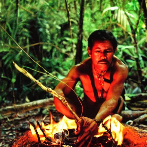 Image similar to Portrait of an Amazon indigenous tribe leader preparing a tarantula over a campfire in the middle of an ominous jungle, 1980s photography