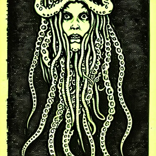 Image similar to daugerreotype of cthulhu high priestess. tangle of tentacles