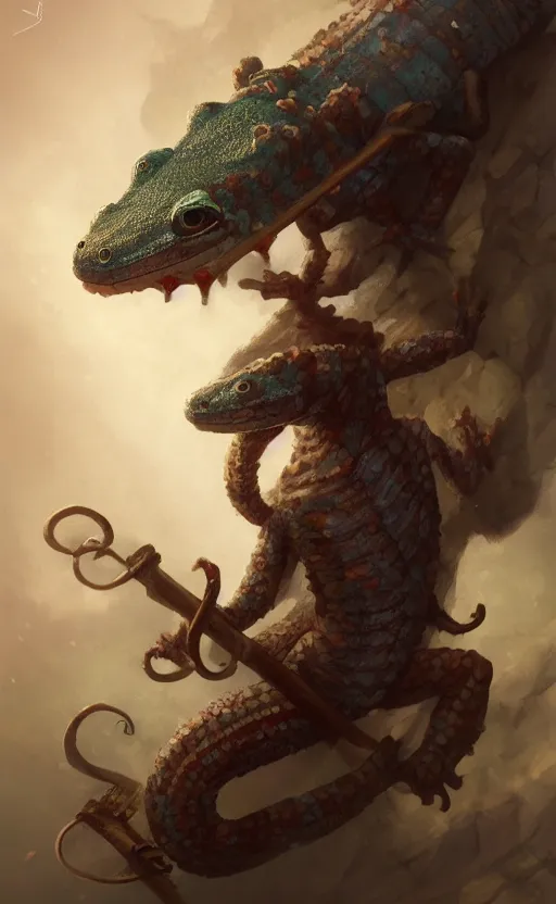 Image similar to Cute anthropomorphic Gecko as a Great Bagatur from Kazakh Khanate, Turkic Batur, Ancient Central Asia, cover art, ultra wide lens shot, pretty, beautiful, DnD character art portrait, matte fantasy painting, DeviantArt Artstation, by Jason Felix by Steve Argyle by Tyler Jacobson by Peter Mohrbacher, cinematic lighting