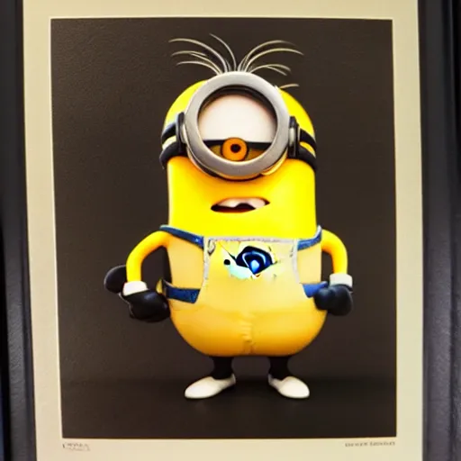 Prompt: a signed photo of a 1980s minion portrait