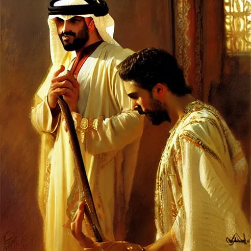 Image similar to attractive arab king in love with his attractive male prince. highly detailed painting by gaston bussiere, craig mullins, j. c. leyendecker