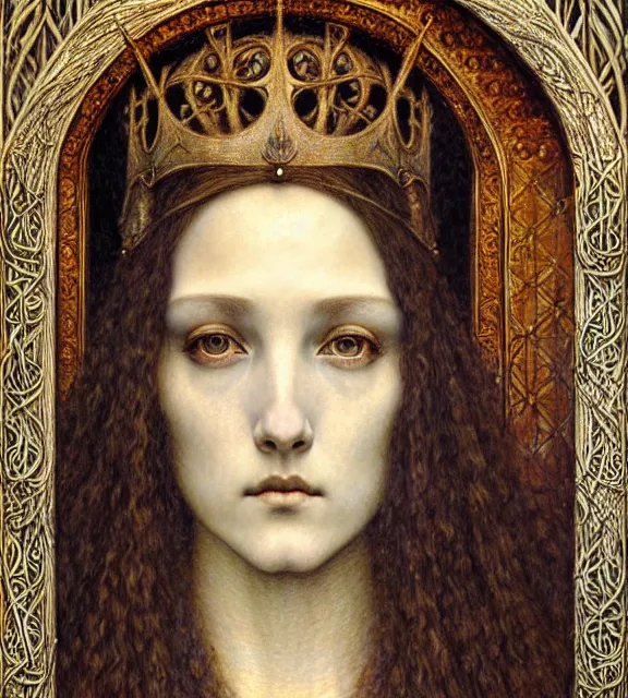 Image similar to detailed realistic beautiful young medieval queen face portrait by jean delville, gustave dore and marco mazzoni, art nouveau, symbolist, visionary, gothic, pre - raphaelite. horizontal symmetry