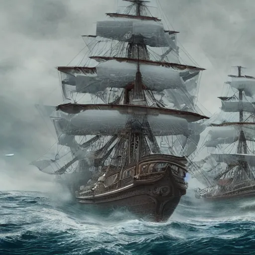 Prompt: a big sailing ship in heavy sea, hypermaximalistic, high details, cinematic, 8k resolution, beautiful detailed, insanely intricate details, artstation trending, octane render, unreal engine,