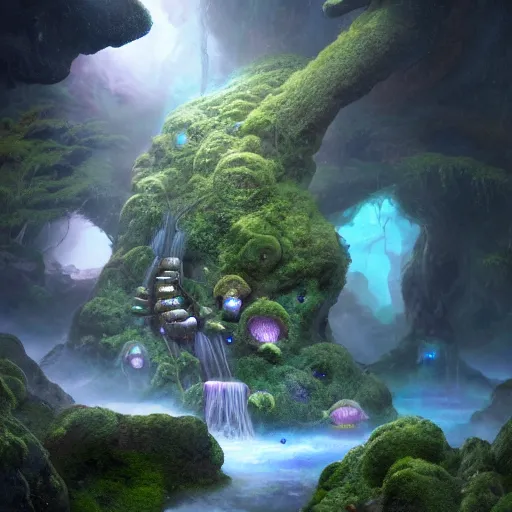 Prompt: tom bagshaw, mythical gigantic space cavern, soft painting render curiosities carnival pond vegetation rocks mushrooms and tentacles covered moss, luminescent wisps, stunning waterfall, accurate features, focus, very intricate ultrafine details, random volumetric lighting, fog, award winning masterpiece, octane render 8 k hd, artstation