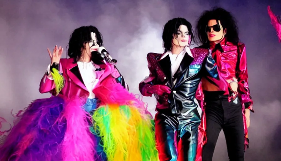Image similar to michael jackson and lady gaga in a colorful music video from 2 0 1 3
