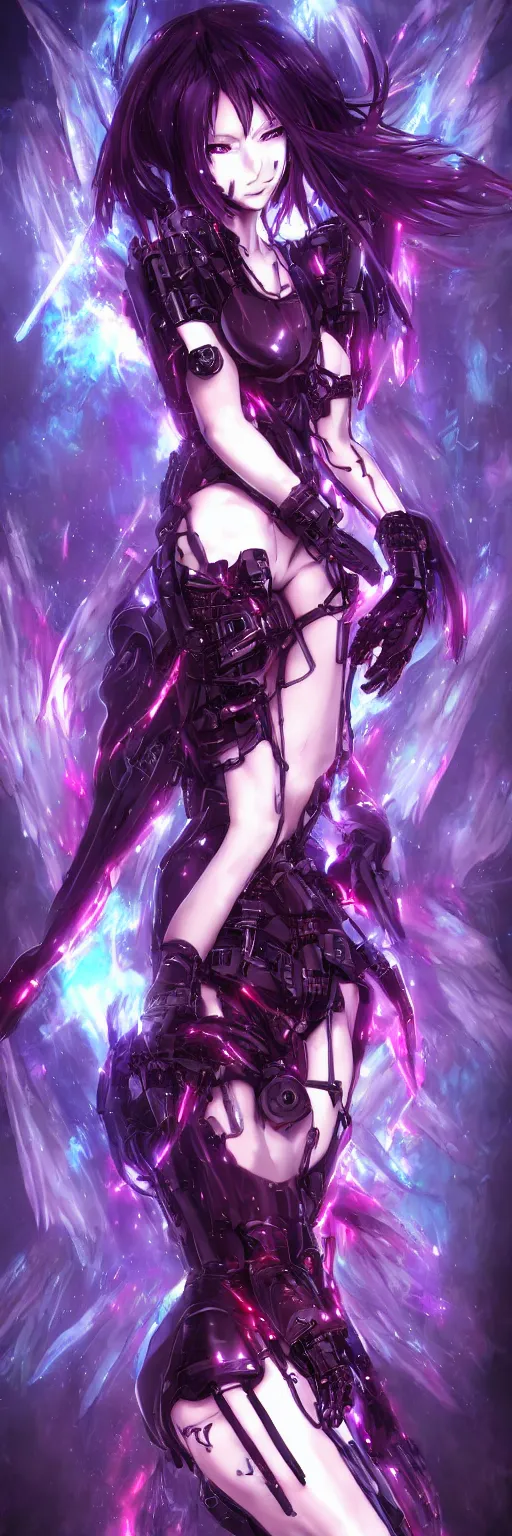 Image similar to anime cyberpunk dark fantasy gothic art, cute and beautiful full body female damaged cyborg - angel in the style of stand alone complex, akira, durararara, red blue purple black fade, intense watery glowing red and blue eyes, cinematic lighting, highly intricate detailed, wavy hair, advanced digital anime art, wlop and rossdraws and sakimimichan