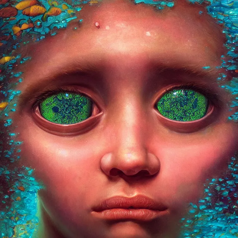 Prompt: Hyperrealistic intensely colored close up studio Photograph portrait of a deep sea bioluminescent Zendaya, symmetrical face realistic proportions eye contact golden eyes, Smiling in a coral reef underwater, award-winning portrait oil painting by Norman Rockwell and Zdzisław Beksiński vivid colors high contrast hyperrealism 8k