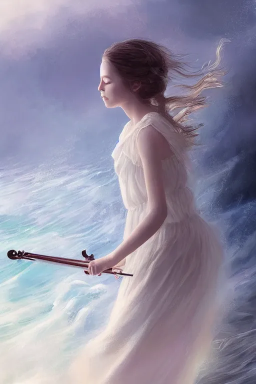 Prompt: beautiful mystical digital painting girl playing a violin wearing a long white dress over a wavy ocean by Leesha Hannigan, Ross Tran, Thierry Doizon, Kai Carpenter, Ignacio Fernández Ríos