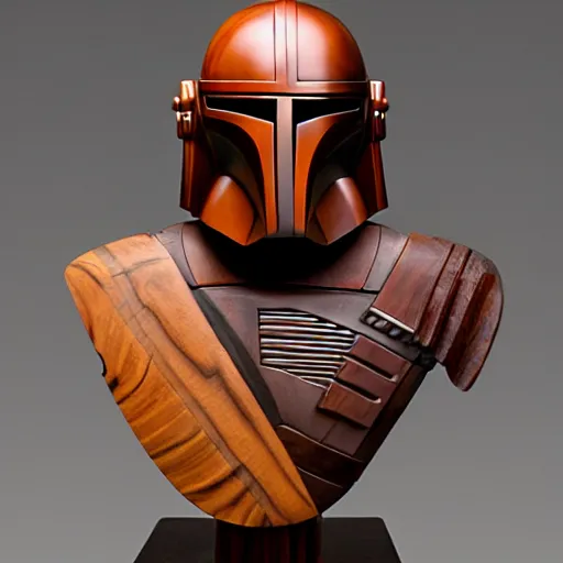 Prompt: a real - world sculpture bust of the mandalorian star wars character, made of highly polished walnut wood, polished, cedar, polished tiger - wood. photograph, photographic, 3 5 mm