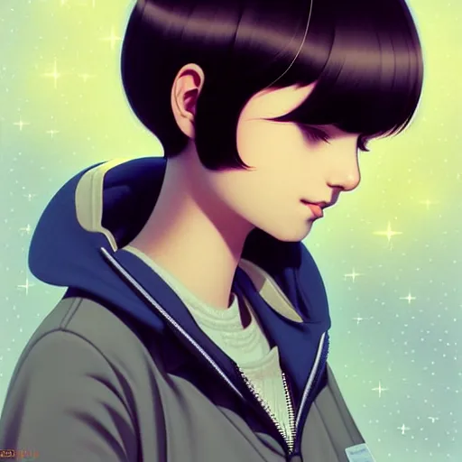 Image similar to cute impoverished college stoner woman studies pulsar stars. short silky hair, velvet, film, occlusion, shadow, specular reflection, rim light, artstation, pinterest, art by range murata and ilya kuvshinov, intricate highly detailed 8 k illustration, surreal