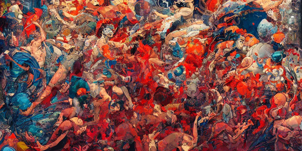 Prompt: highly textured oil painting modern art abstract exhibition with alot of people by james jean and katsuhiro otomo and erik jones, inspired by akira anime, smooth texture, intricate oil painting, high detail illustration, sharp high detail, long exposure