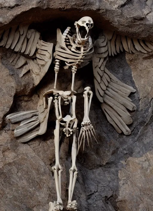 Prompt: a vulture skeleton sculpted on carved rock by bernini