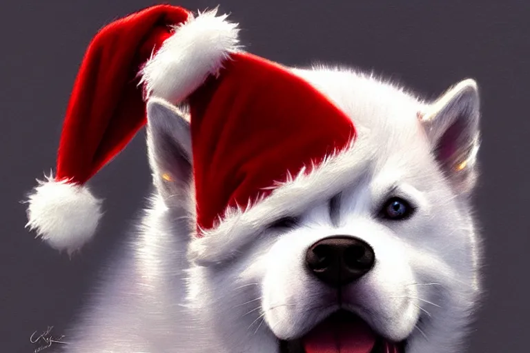 Image similar to cute husky puppy wearing a christmas hat, hyper detailed, digital art, artstation, cinematic lighting, studio quality, smooth render, by caravaggio, artgerm, greg rutkowski, craig mullins