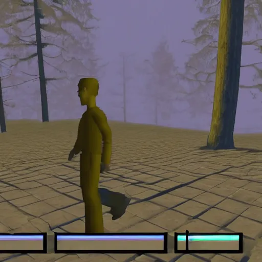 Prompt: screenshot of a playstation 1 psx game where the player is t - posing in deep distance fog