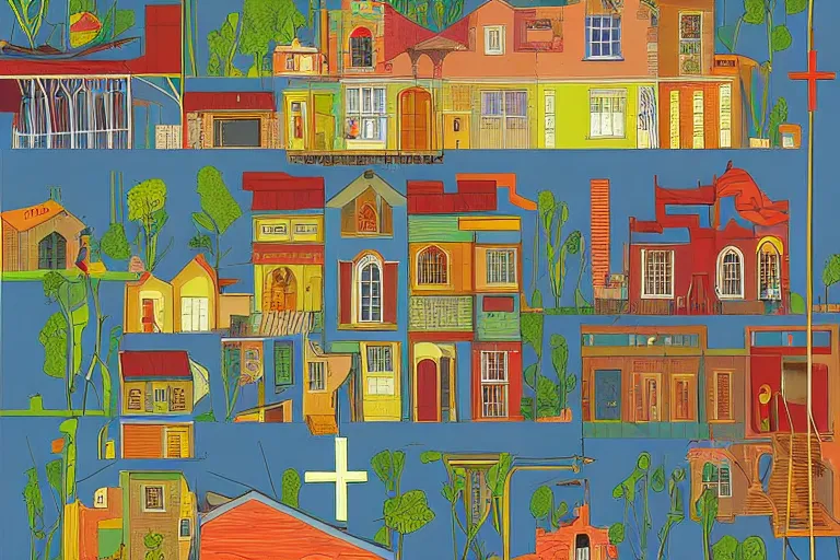 Image similar to a colorful 2 d illustration of a cross section of a house, a storybook illustration by muti and tim biskup, featured on dribble, arts and crafts movement, behance hd, storybook illustration, dynamic composition