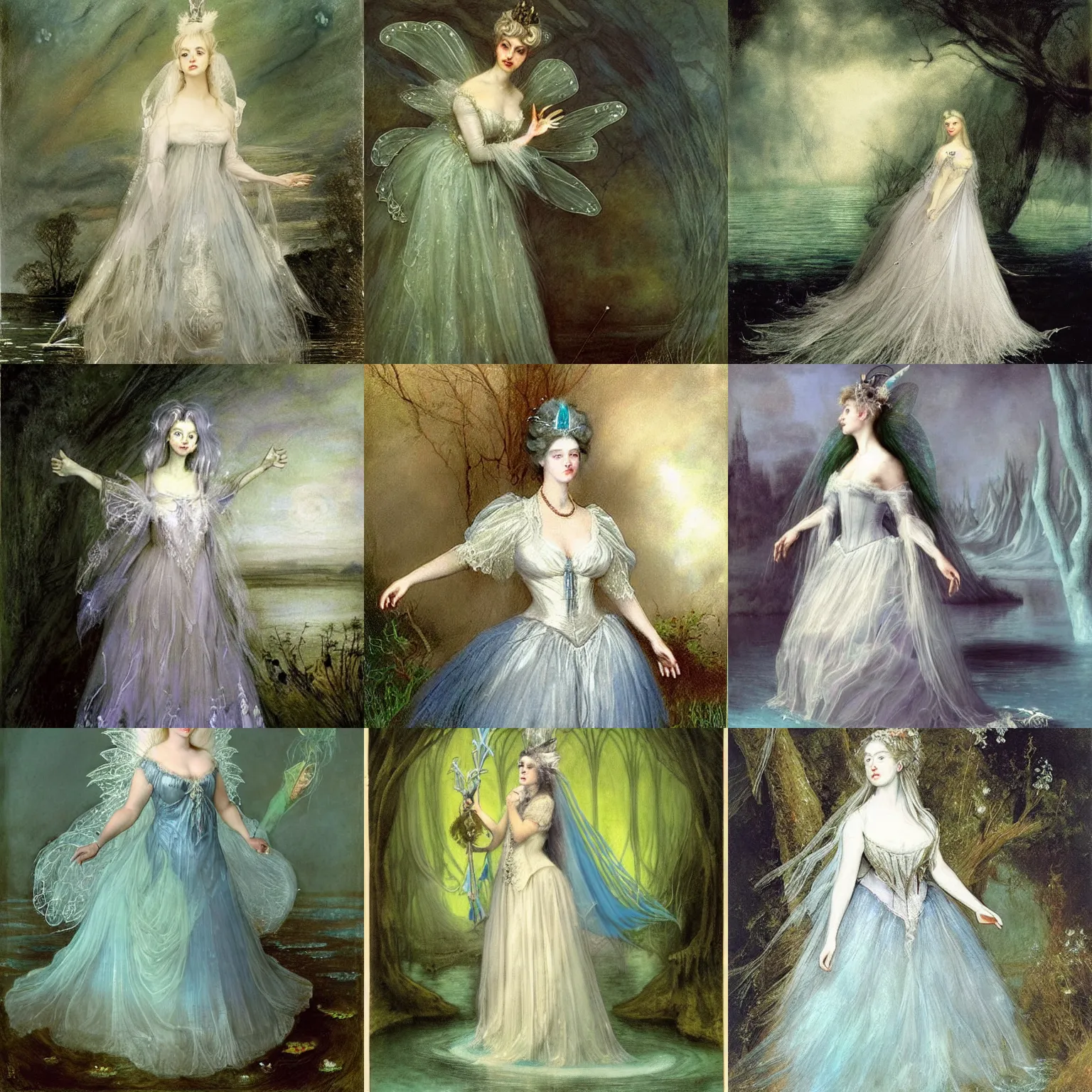 Prompt: A silver haired mad, narcissistic, ghost like fairy princess from the 18th century, dressed in a Queen Victoria's wedding dress, floathing underwater in a lake, mystical, atmospheric, scarry, ghost like, greenish blue tones, fantasy concept art by Annie Stegg Gerard, John Anster Fitzgerald, and John Everett Millais