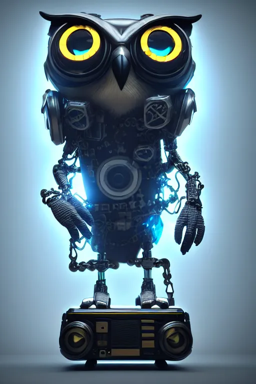 Image similar to high quality 3 d render very cute cyborg owl! with boombox!, cyberpunk highly detailed, unreal engine cinematic smooth, in the style of blade runner & detective pikachu, hannah yata charlie immer, moody light, low angle, uhd 8 k, sharp focus