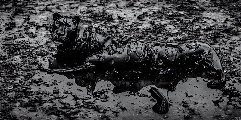 Image similar to the lioness made of tar, reforming from a puddle of tar, viscous, sticky, full of black goo, covered with black goo, splattered black goo, dripping black goo, dripping goo, splattered goo, sticky black goo. photography, dslr, reflections, black goo, zoo, exhibit