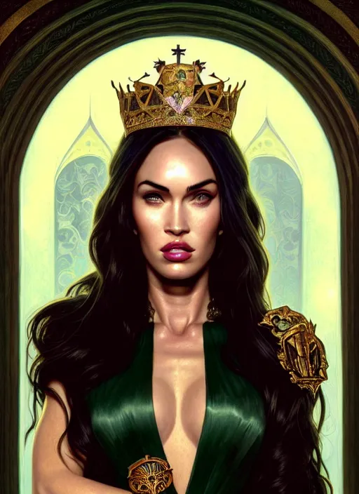 Image similar to portrait of megan fox as a queen, throne, jewelry, greek, dark green, intricate, headshot, highly detailed, digital painting, artstation, concept art, sharp focus, cinematic lighting, illustration, art by artgerm and greg rutkowski, alphonse mucha, cgsociety