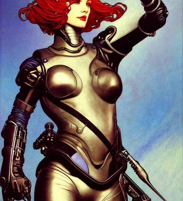 Prompt: realistic detailed portrait of a handsome futuristic woman pilot in leather and armor, sleek minimal elegant design by moebius, jodorowsky, alphonse mucha, ayami kojima, amano, greg hildebrandt, and mark brooks, female, hero, sexy masculine, art nouveau, cyberpunk, neo - gothic, gothic, masterpiece artwork, character concept design,