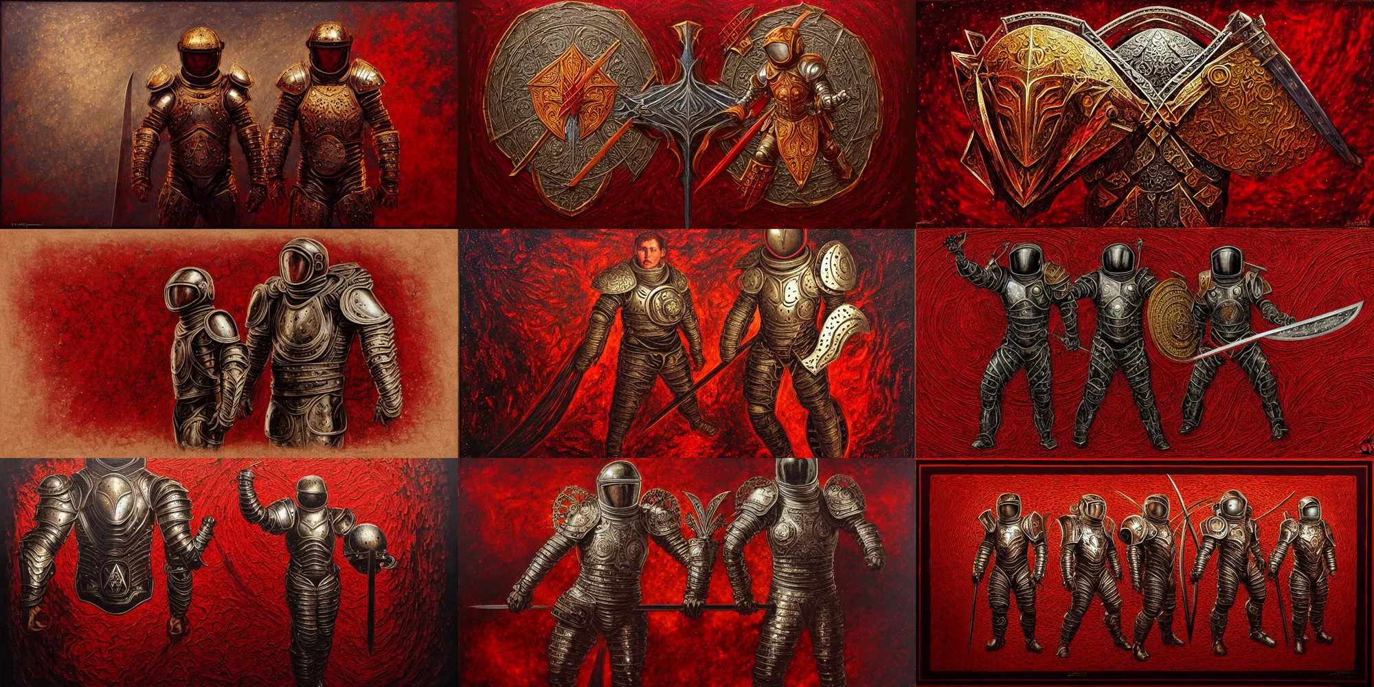 Prompt: battle, astronaut - gladiators!!, fractal armor, lorica segmentum, swords, tonalist, symbolist, figurative art, girih, bargello, chiaroscuro, grisaille, heraldry, frenetic, stippling, shadows, luminous, sublime, edge lighting, raw sienna, venetian red