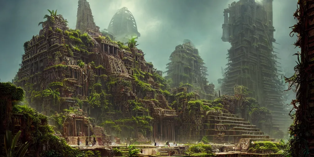 Image similar to aztec steampunk jungle temple, by tim blandin and arthur haas and bruce pennington and john schoenherr, big windows architecture by zaha hadid, octane render, warm colour scheme, white, cinematic, scenery, cgsociety, modernism, futuristic, trending on artstation, sci - fi, high detail, high quality, close up angle