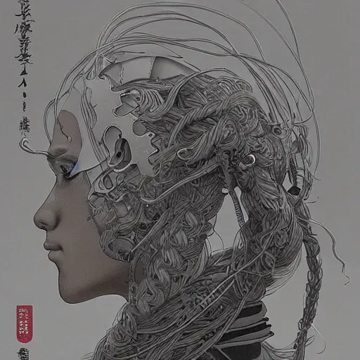 Image similar to a beautiful ukiyo painting of robot with dreadlocks and headphones in profile view, wearing space techwear, detailed symmetrical close up portrait, intricate complexity, by takato yamamoto, wlop, krenz cushart. cinematic dramatic atmosphere, sharp focus