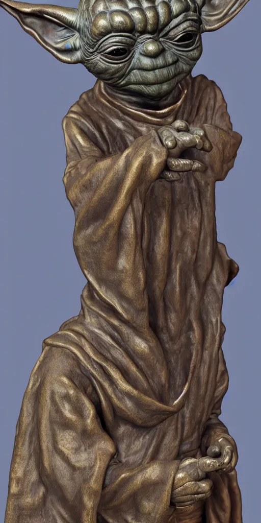 Image similar to detailed photo of an old bronze patina statue of yoda, full body portrait, various pose, photorealism, intricate detail, museum diffuse lighting