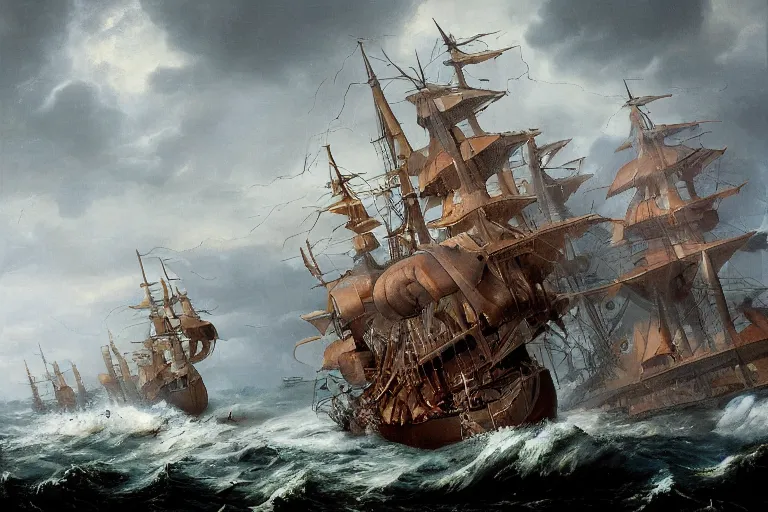 Prompt: Giant squid drags a ship into the ocean. A second ship targets the squid with cannon fire. painting by Louis Philippe Crepin. smoke and flashes from cannon fire. 8k octane beautifully detailed render, post-processing, extremely hyper-detailed, intricate, epic composition, highly detailed attributes, highly detailed atmosphere, cinematic lighting, masterpiece.