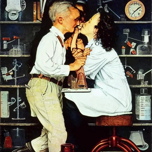 Prompt: male and female scientists in love with each other instead of researching, by norman rockwell