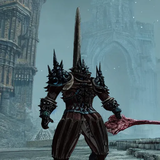 Prompt: screenshot of a unique boss from darksouls 3. It is wearing colored armour and has a very muscular physique