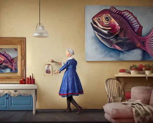 Image similar to an innocent and beautiful scene in hyper realistic style, about an old and lonely woman painting a huge colorful fish on the wall, and modeling a victorian dress. 4 k. wide angle. wild. red mouth, blue eyes. deep focus, lovely scene. ambient occlusion render. unreal engine.