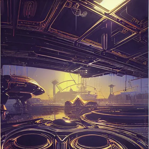 Prompt: painting of syd mead artlilery scifi tech with ornate metal work lands in country landscape, filigree ornaments, volumetric lights, simon stalenhag