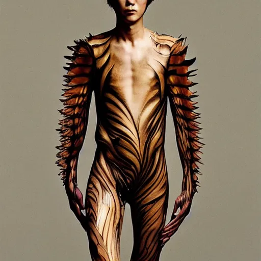 Image similar to a beautiful young japanese male wearing iris van herpen, painted by michelangelo