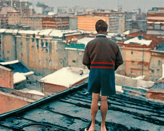 Image similar to lomo photo of man standing on the roof of soviet hrushevka, small town, cinestill, bokeh, out of focus